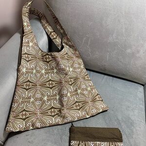 Handmade Brown Geometric Patterned Women's Tote Bag, matching zippered wallet